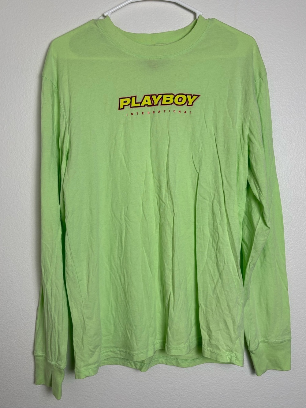 PLAYBOY Neon Green Long Sleeve Tee with Yellow Logo Size Small